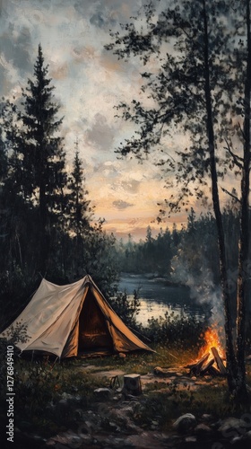 Camping at Sunset by the Serene Lakeside Surrounded by Tall Trees and a Glowi...