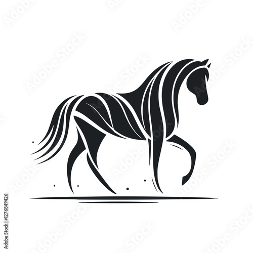 Stylized horse walking in black and white illustration