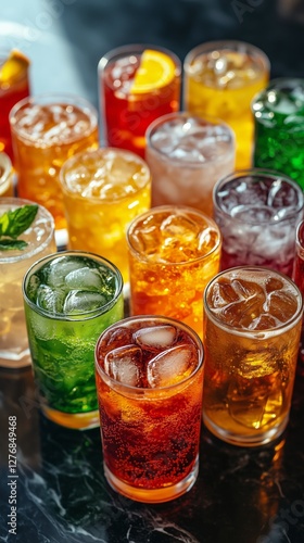 Colorful Cocktails Lined up on a Wooden Bar With Fresh Fruit Garnishes in a L...
