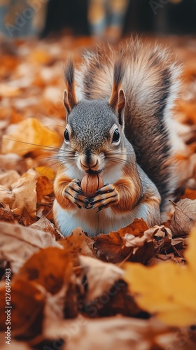 Squirrel Holding Acorn Among Fallen Leaves in a Serene Autumn Park