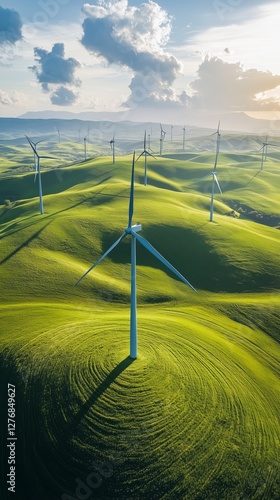 Wind Turbines Generate Renewable Energy in a Sunny Green Landscape During Day...