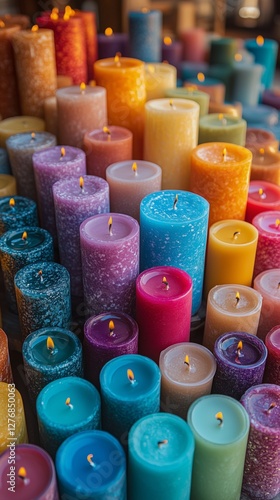 Colorful Candles With Flickering Flames Displayed at a Marketplace During the...