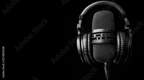 Studio microphone, headphones, black background, podcasting