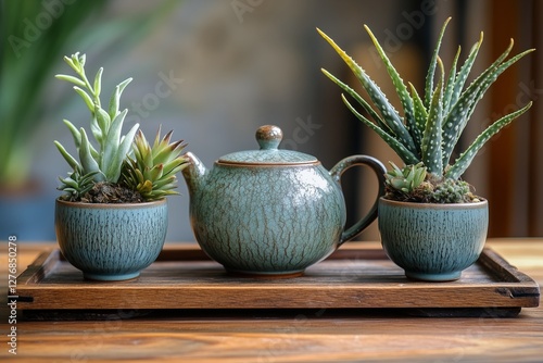 Beautiful Ceramic Teapot and Succulent Plants Arranged on a Wooden Tray in a ...