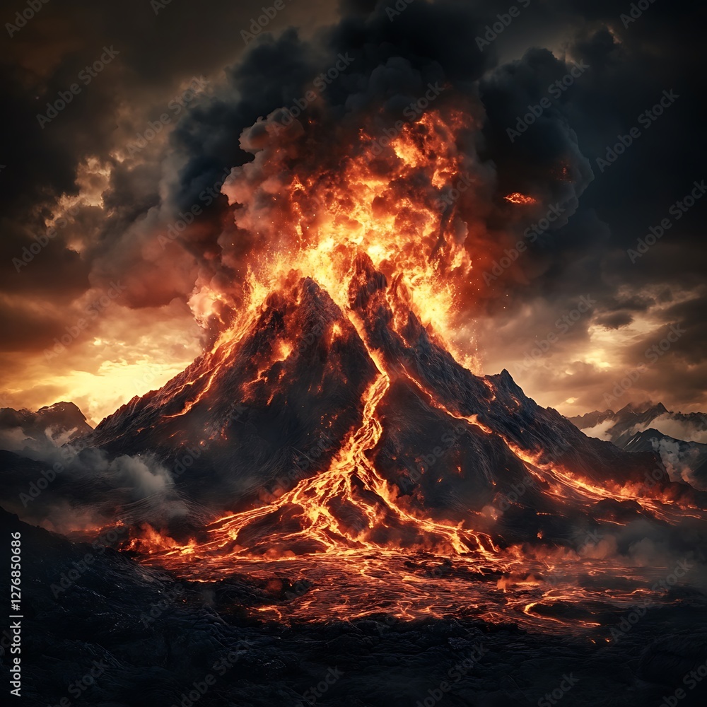 Intense Volcano Eruption Fiery Lava Flow Rising Ash Clouds Intense Volcano Eruption Fiery Lava Flow Rising Ash Clouds