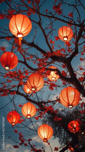 Lanterns Glowing Under Cherry Blossom Branches at Dusk in a Festive Street Ma...