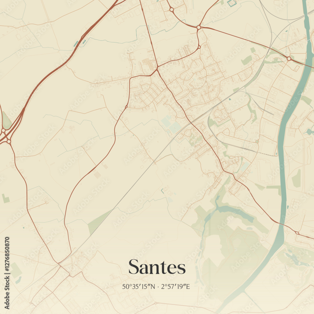Fototapeta premium Vintage map of Santes, France.