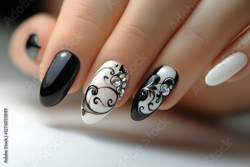 Elegant Black and White Nail Art With Intricate Designs and Embellishments