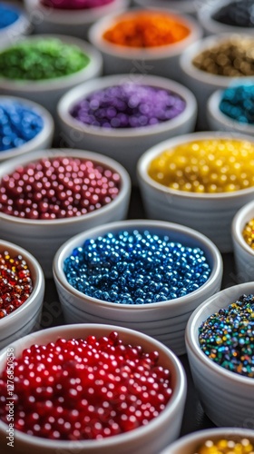 Colorful Assortment of Decorative Beads Arranged in Bowls for Crafting and De...