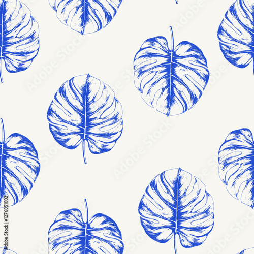 Big blue monstera leaves surface pattern