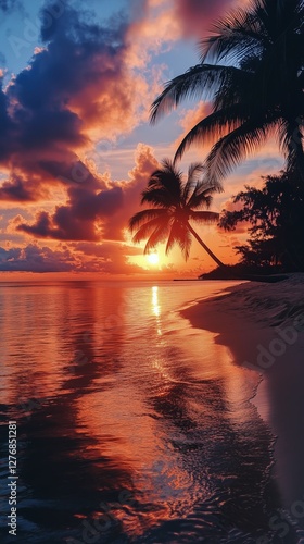 Sunset Casts Vibrant Colors Over Tranquil Beach With Palm Trees and Gentle Waves