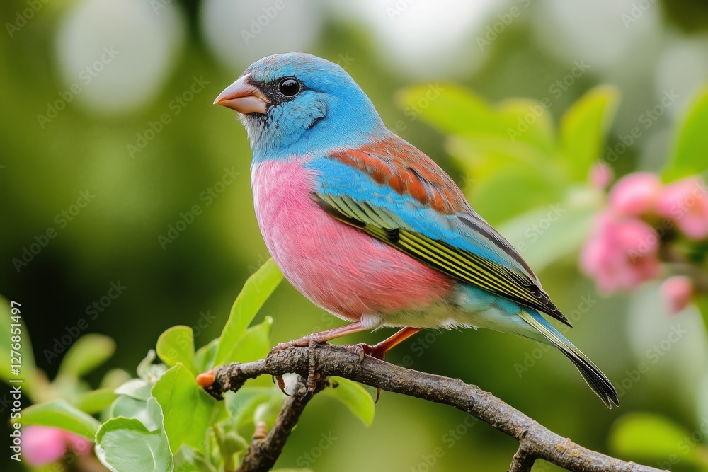 Fototapeta premium Vibrant Bird Perched on Branch Surrounded by Lush Green Foliage in Bright Natural Setting