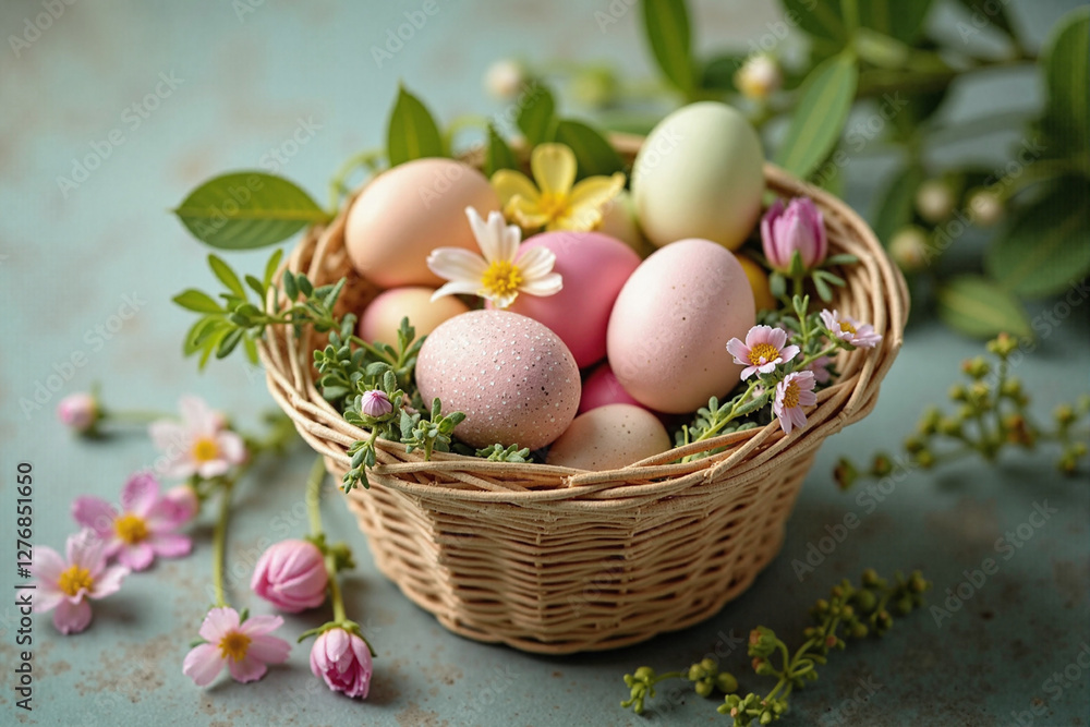 Wicker Basket with Pastel Easter Eggs and Flowers on a Soft Blue Surface Wicker Basket with Pastel Easter Eggs and Flowers on a Soft Blue Surface