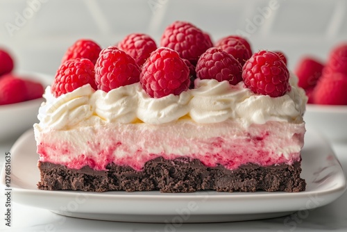 Delicious Chocolate Tart Topped With Fresh Raspberries and Whipped Cream on a...
