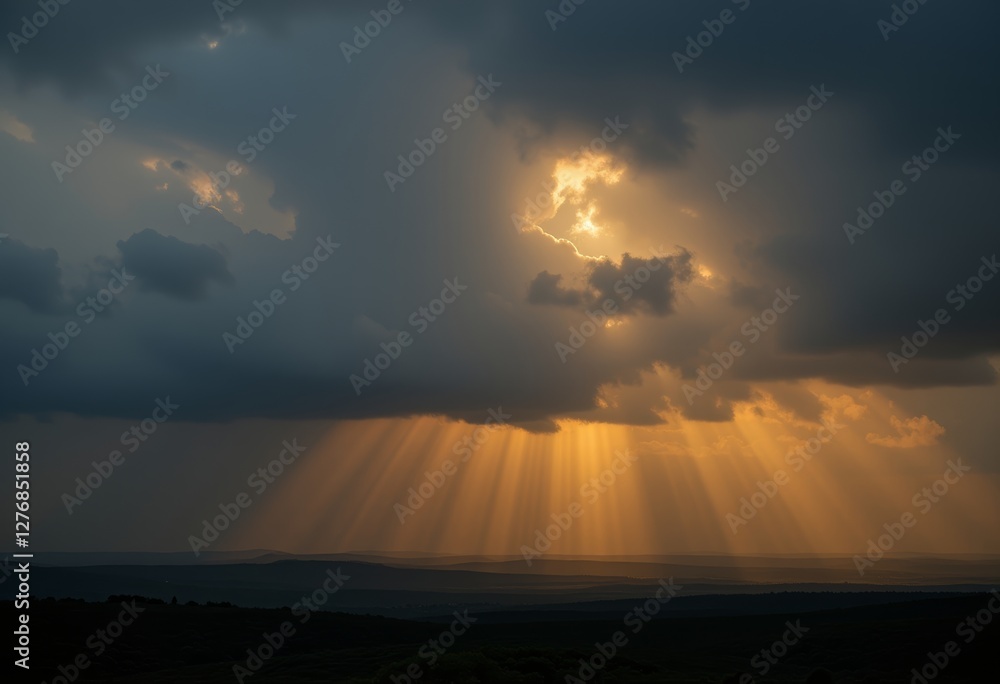 Dramatic scene of sun rays breaking through dark clouds, illuminating the vast landscape below with rolling hills, showcasing the striking beauty and power of natural light. Dramatic scene of sun rays breaking through dark clouds, illuminating the vast landscape below with rolling hills, showcasing the striking beauty and power of natural light.