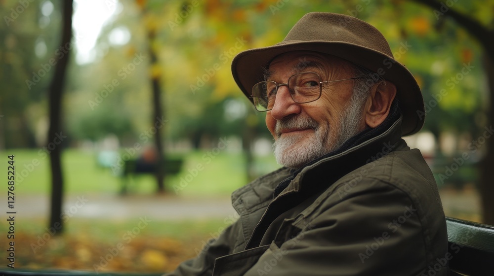 Cheerful Grandfather Enjoying Nature: An Old Man Relaxing on a Park Bench in the Morning Cheerful Grandfather Enjoying Nature: An Old Man Relaxing on a Park Bench in the Morning