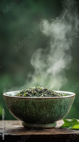Steam Rises From a Bowl of Loose Green Tea Leaves in a Serene Outdoor Setting