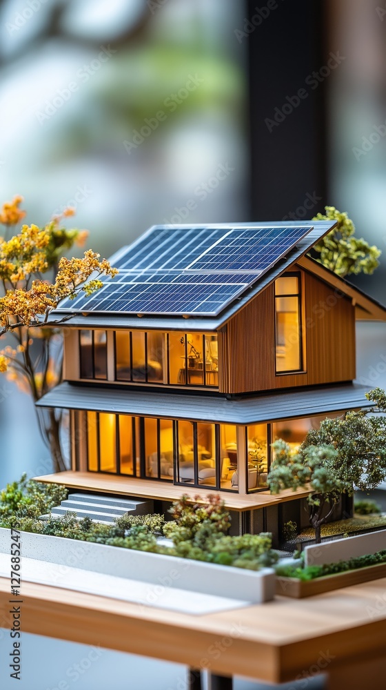 Fototapeta premium Detailed Model of a Modern Eco-Friendly House With Solar Panels in a Contemporary Display