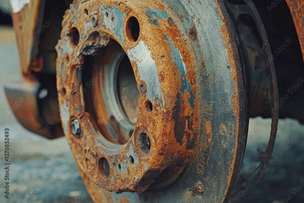 Close up view of a rusted brake rotor showcasing wear and tear. Generative AI Close up view of a rusted brake rotor showcasing wear and tear. Generative AI