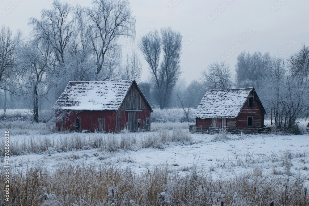 Charming Winter Farm Scene with Frosty Fields and a Rustic Red Barn under a Snowy Sky