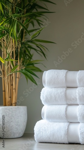 Soft White Towels Stacked Near Lush Green Indoor Plants in a Serene Environment