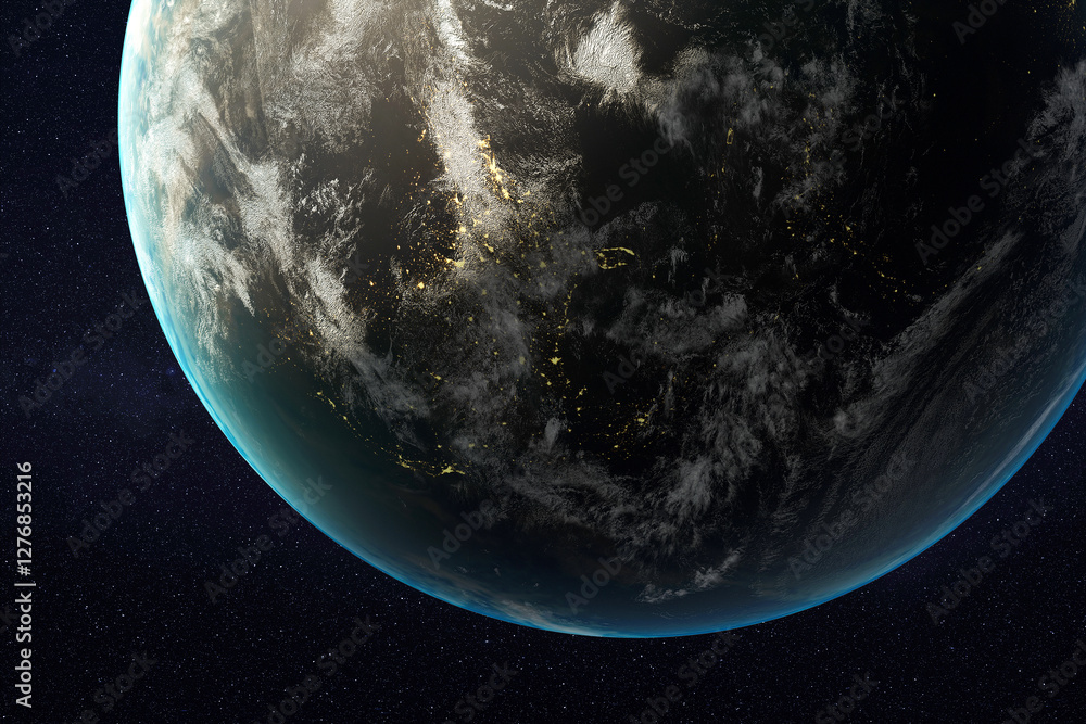 Planet Earth of solar system at night. Elements of this 3D rendered illustration where furnished by NASA.