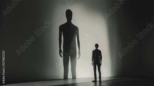 Person casts a large shadow against a wall in a dimly lit space.