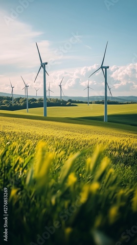 Wind Turbines Generate Renewable Energy in a Sunny Green Landscape During Day...