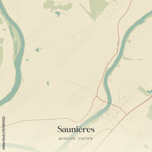 Vintage map of Saunières, France.