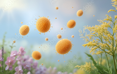 Botanical illustration of pollen and allergens in nature