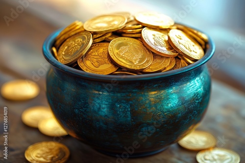 Golden Coins Overflow in a Decorative Pot Creating an Inviting Treasure Displ...