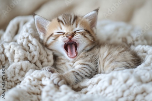 Cute Kitten Yawning While Resting on a Cozy Blanket During the Daytime at Home