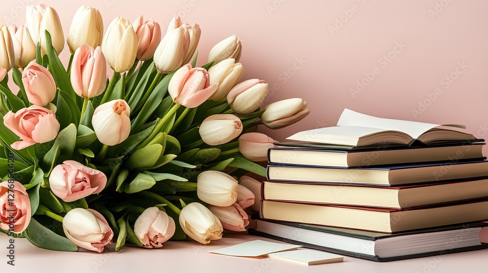 Colorful books with open pages sit among flowers and sticky notes, providing a bright, inviting workspace perfect for creative projects Colorful books with open pages sit among flowers and sticky notes, providing a bright, inviting workspace perfect for creative projects