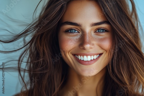 Smiling Woman With Long Brown Hair Enjoying Sunny Day Outdoors