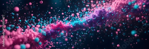 Pink and blue particles swirling and mixing, creating an abstract dynamic background, wide panorama