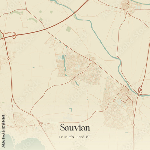 Vintage map of Sauvian, France.