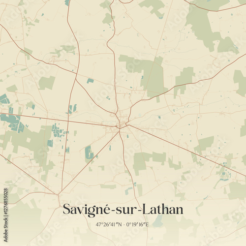 Vintage map of Savigné-sur-Lathan, France.