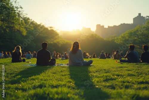 Gathering of People Enjoying Sunset in a Park During a Warm Evening
