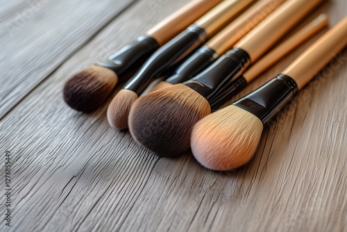 Collection of Makeup Brushes Arranged Neatly on a Wooden Surface With Varied ...