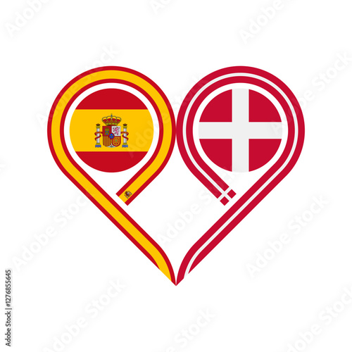 friendship concept. heart symbol icon of spain and denmark flags. vector illustration isolated on white background