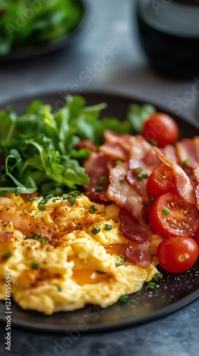 Delicious Breakfast Plate With Scrambled Eggs, Crispy Bacon, Fresh Tomatoes, ...