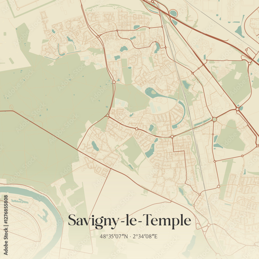 Fototapeta premium Vintage map of Savigny-le-Temple, France.