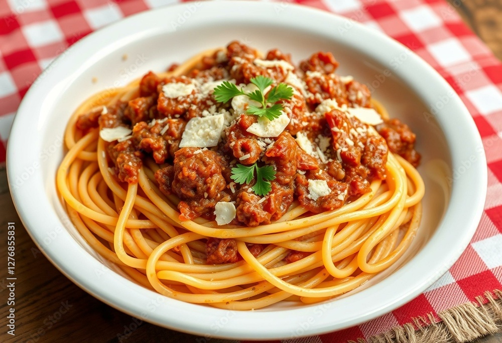 Steaming pasta, bolognese sauce, parmesan cheese, parsley, wooden table, red and white checkered tablecloth Steaming pasta, bolognese sauce, parmesan cheese, parsley, wooden table, red and white checkered tablecloth