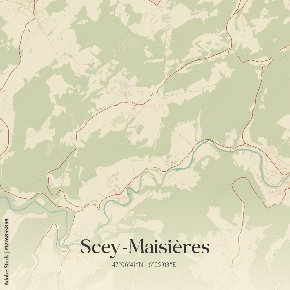 Fototapeta premium Vintage map of Scey-Maisières, France.