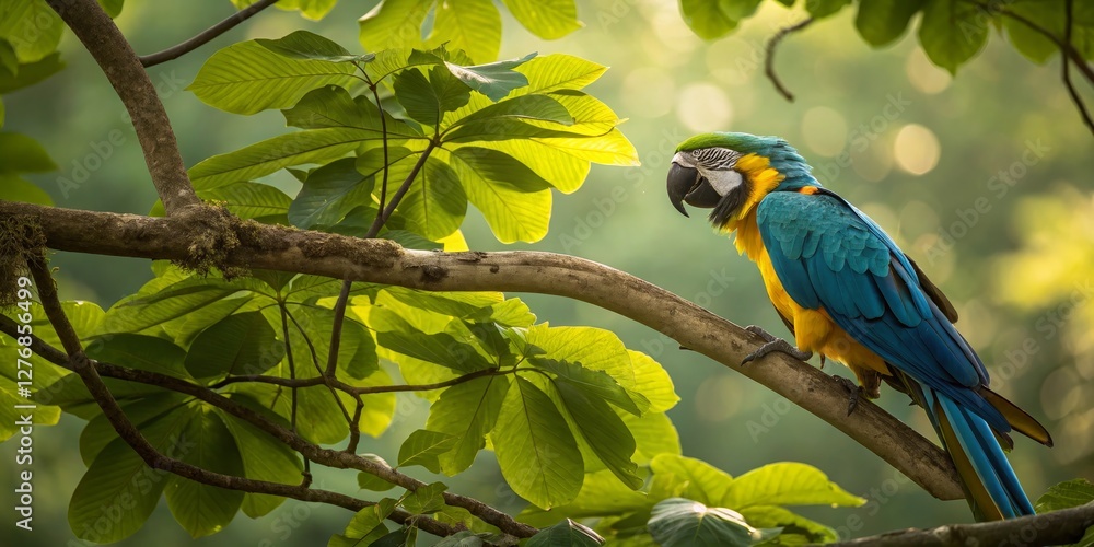 Blue-and-yellow Macaw on Branch Lush Green Foliage, Profile View, Wildlife Photography Macaw, Parrot Blue-and-yellow Macaw on Branch Lush Green Foliage, Profile View, Wildlife Photography Macaw, Parrot