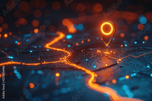 Digital hand set location on map with two pins. AI technology in GPs, innovation delivery, map location, future transport logistic, route path concept. GPs point. New office location, change address