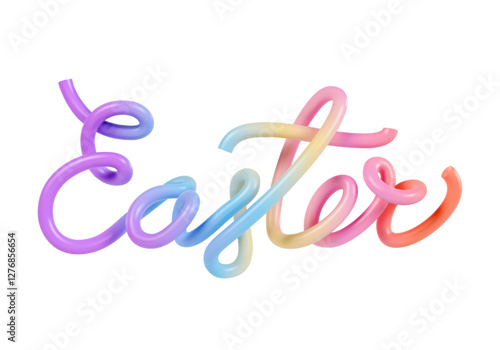 3D Easter lettering made of colorful twisted plastic tubes, isolated on white background. Bright holiday typography for festive spring celebrations, greeting cards, banners, and decorative designs