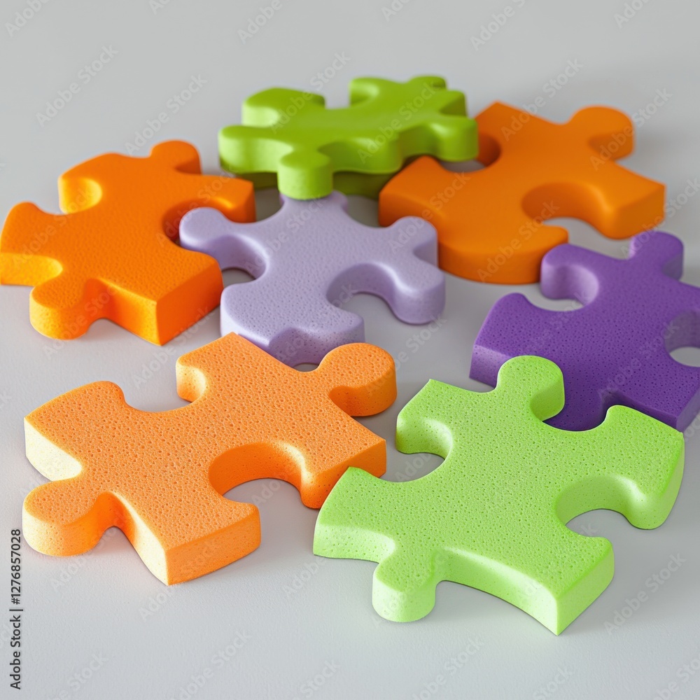 Obraz premium Close-up shot of colorful foam jigsaw puzzle pieces arranged on a light gray background, representing connection and problem-solving skills.