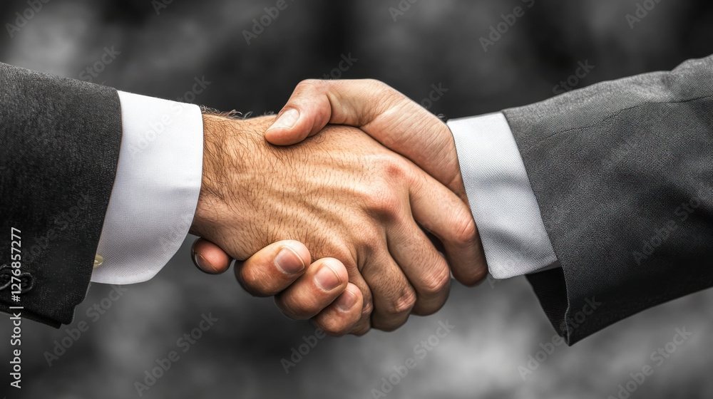 Two business professionals engage in a handshake to signify agreement during an outdoor meeting in a corporate setting Two business professionals engage in a handshake to signify agreement during an outdoor meeting in a corporate setting