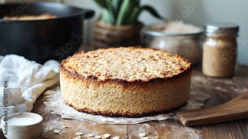 Freshly baked cheese bread sits on rustic wooden table with ingredients beside it photo